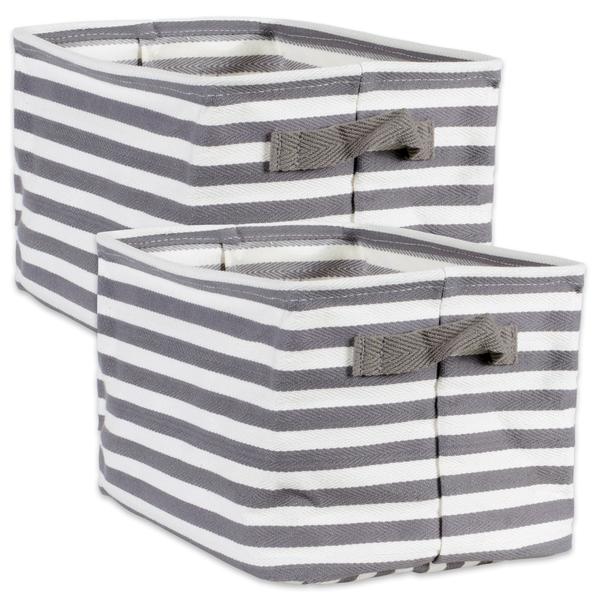 PE COATED HERRINGBONE WOVEN COTTON LAUNDRY BIN STRIPE GRAY RECTANGLE MEDIUM 14x9x8 SET/2