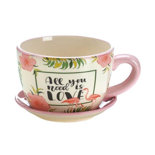 PINK FLAMINGO TEACUP PLANTER